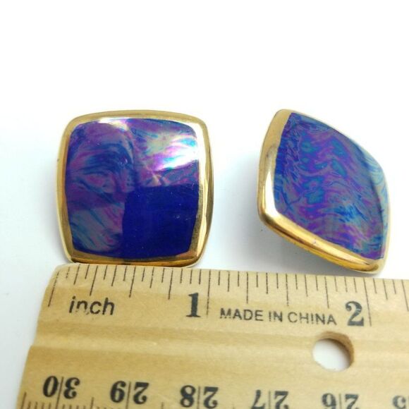 Vintage Blue Square Studs with Iridescent Finish and Gold Tone Border Earrings - Picture 5 of 6